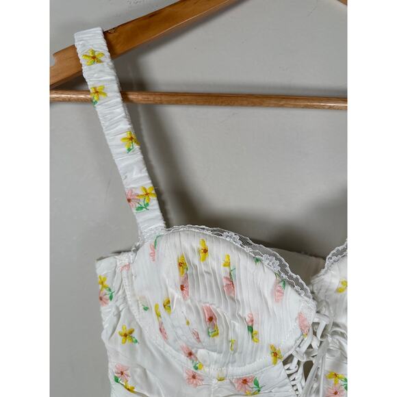 For Love & Lemons CELIA SHIRRED FLORAL EMBROIDERED LACE OPEN-BACK MINI DRESS XS - Picture 5 of 10